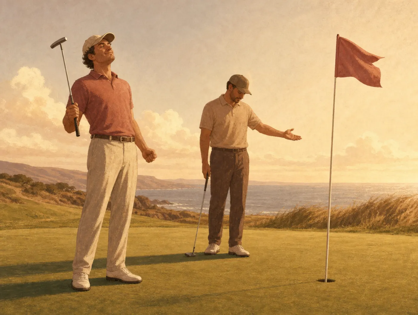 Self-serving bias: one golfer stands proud after a good putt while the other gestures at the slope and wind instead of himsel