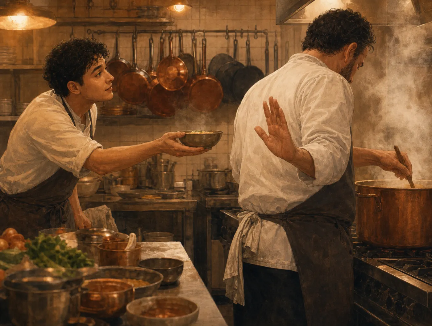 Semmelweis reflex: a head chef waves off a young cook's offered dish without turning from the pot.