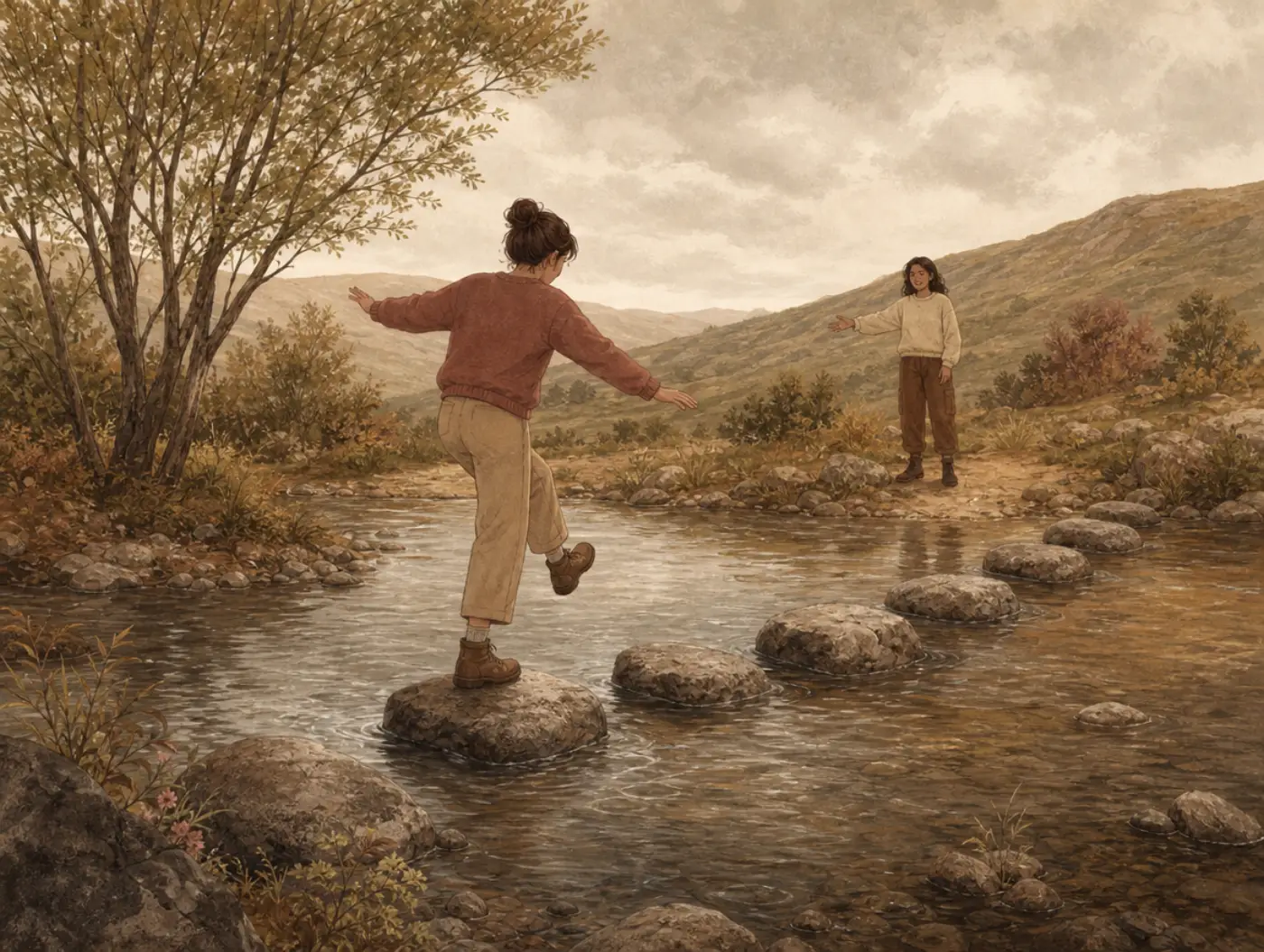 Serial recall effect: a person crossing stepping stones freezes mid-stream, sure of the first and last stones but stuck on the ones in the middle.