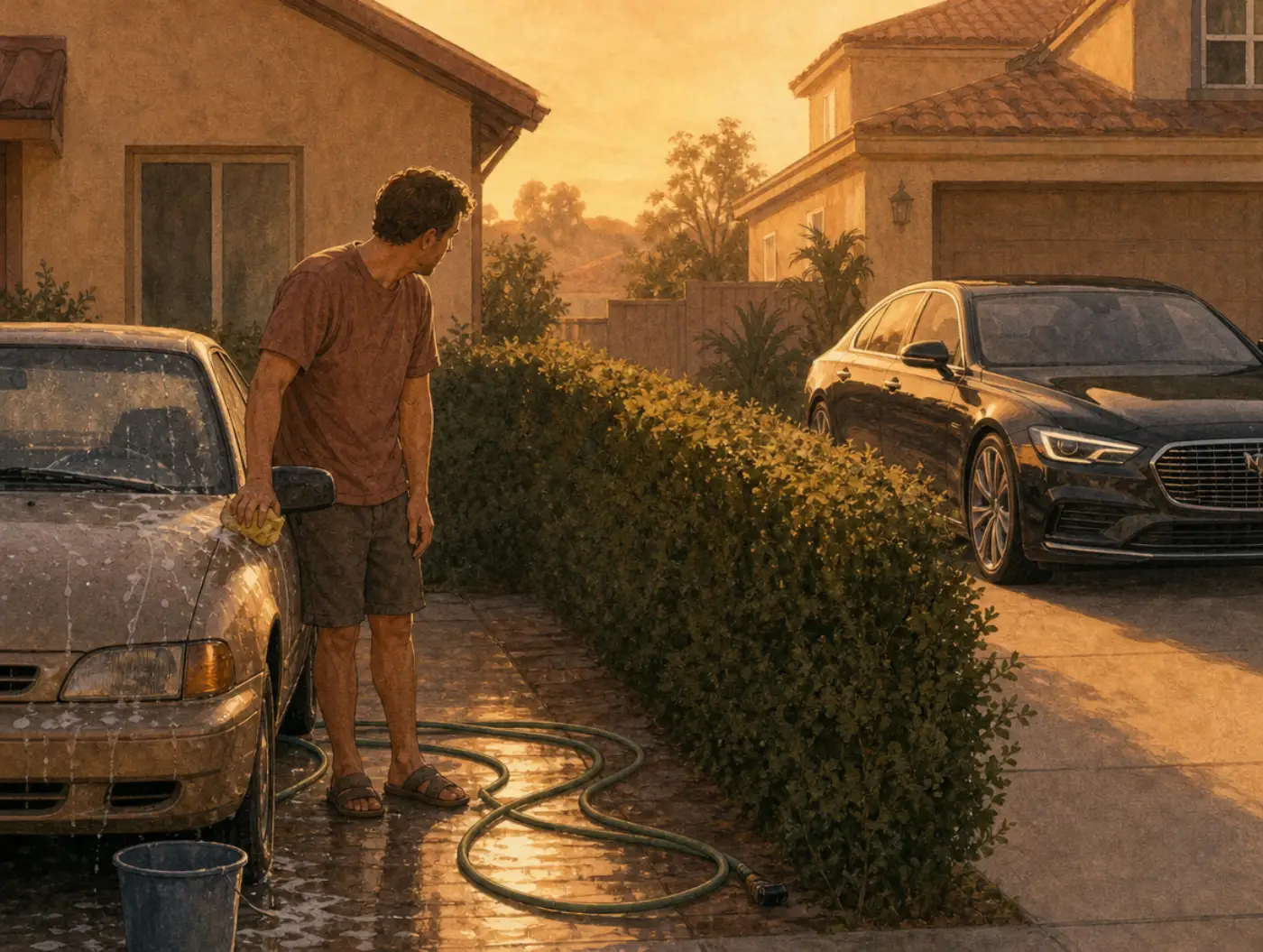 Social comparison effect: a man washing his car deflates as he glances at a neighbor's shinier, bigger car next door.