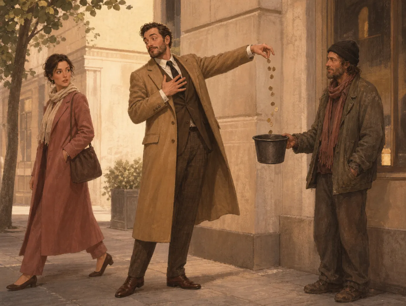 Social desirability bias: a donor drops coins into a bucket with a showy gesture, watching to see if a passerby noticed.