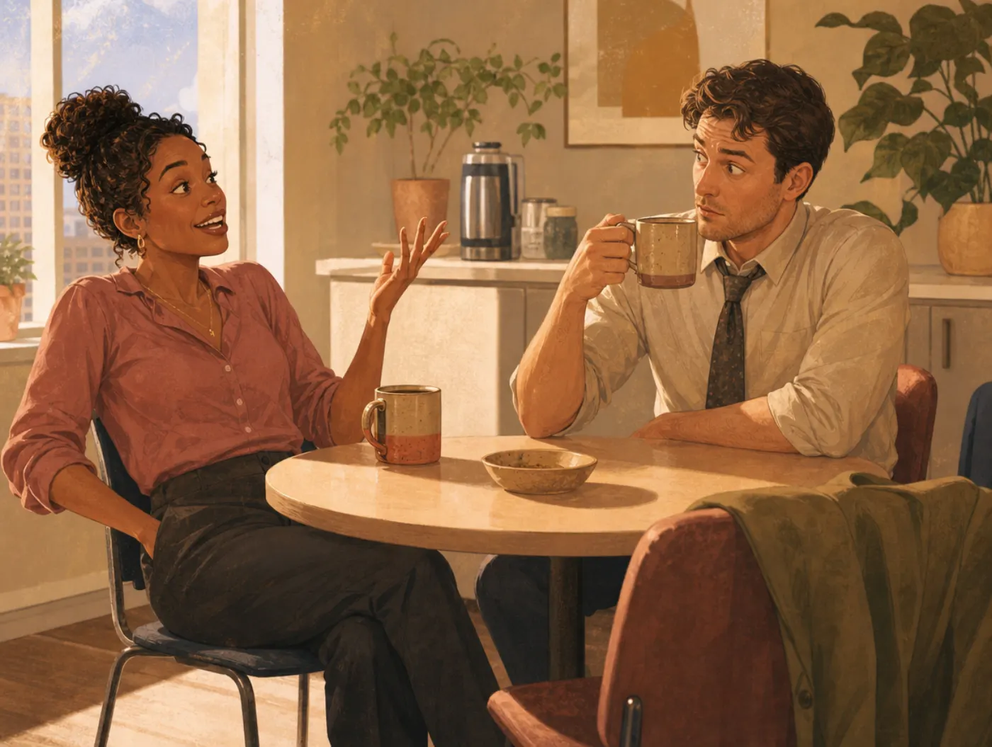 Source confusion: a woman confidently retells a story while her colleague realizes it was originally his.