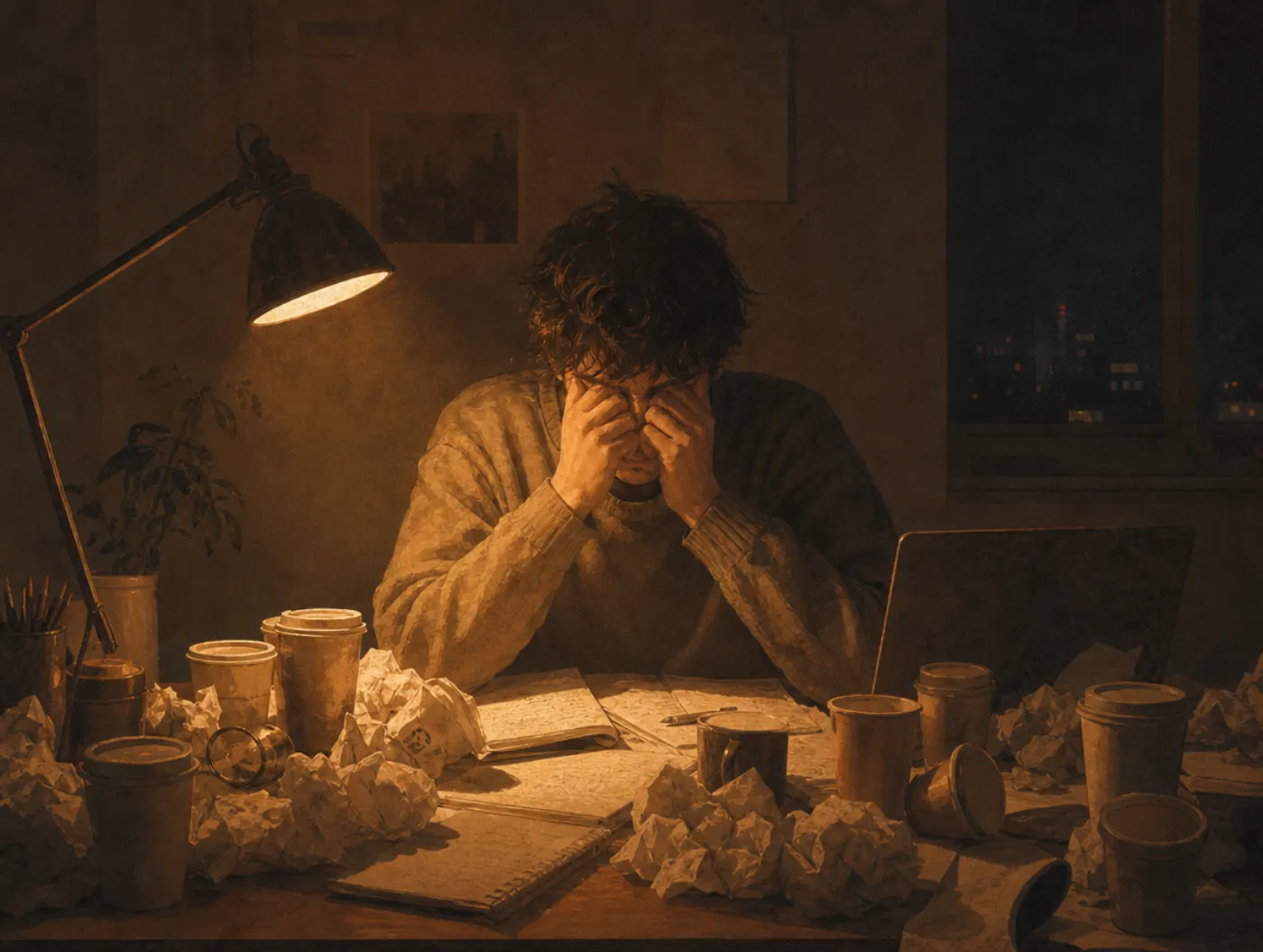 Spacing effect: someone crams through the night, surrounded by empty coffee cups, instead of studying in spaced sessions.
