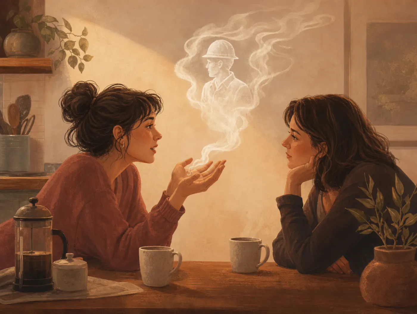 Stereotypical bias: a storyteller's hands shape smoke into a generic worker's silhouette, not the person she saw.