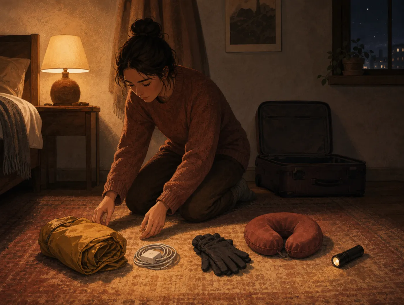 Subadditivity effect: a traveler piles many separate items while one whole suitcase sits ignored in shadow.