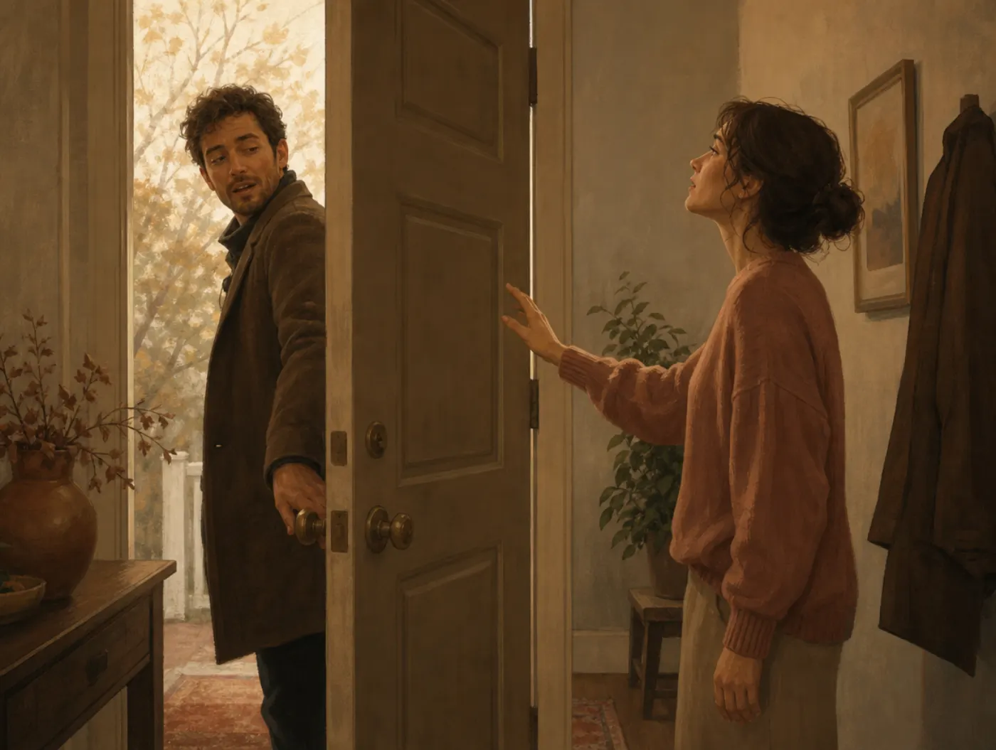 Suffix effect: a partner freezes mid-reach, trying to recall a list as the speaker's parting word cuts it off at the door.