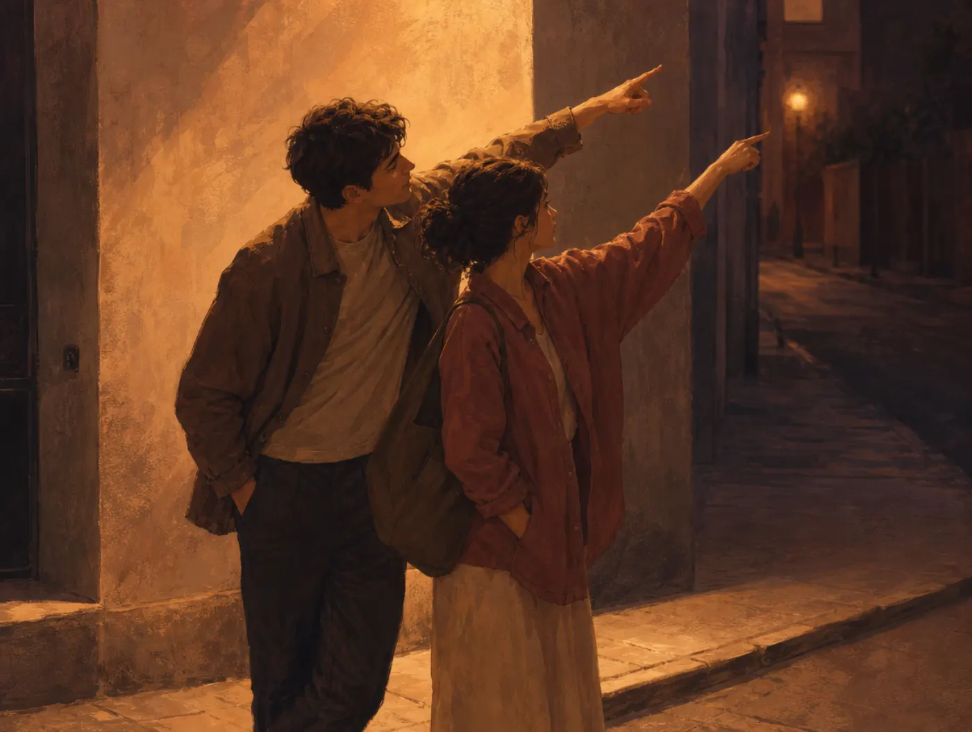 Suggestibility: a confident figure points down a street as a second figure's arm bends to mirror the gesture.