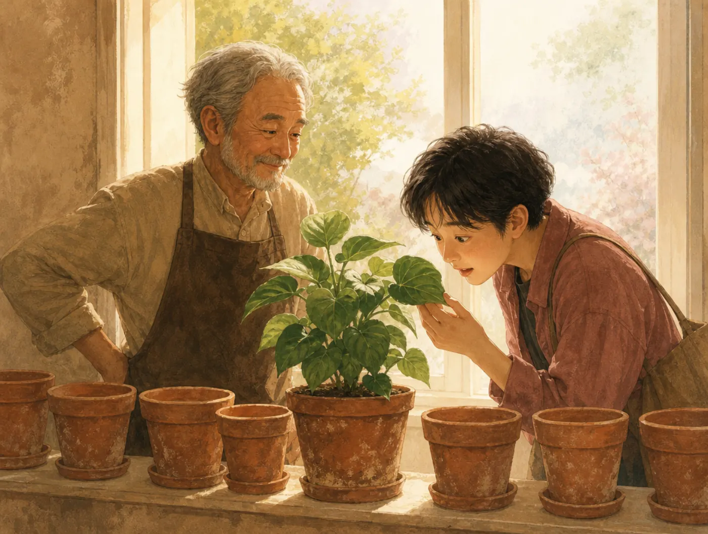 Survivorship bias: a visitor admires one thriving potted plant on a windowsill lined with empty pots.