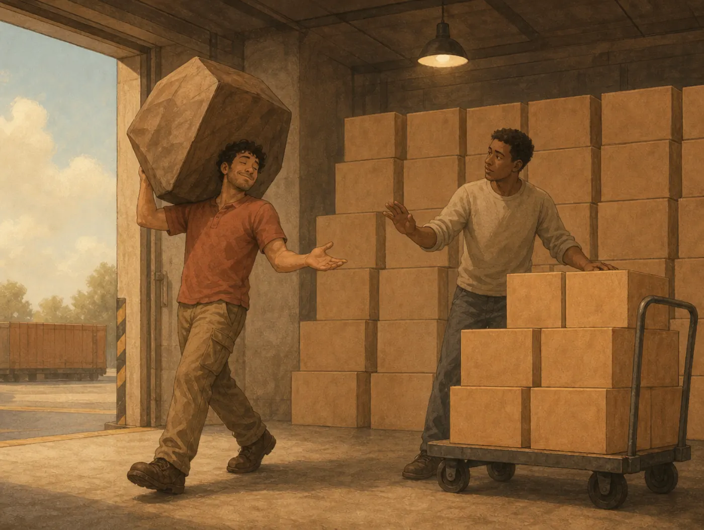 System justification: a worker shrugs off carrying the heaviest crate while a concerned coworker looks on.