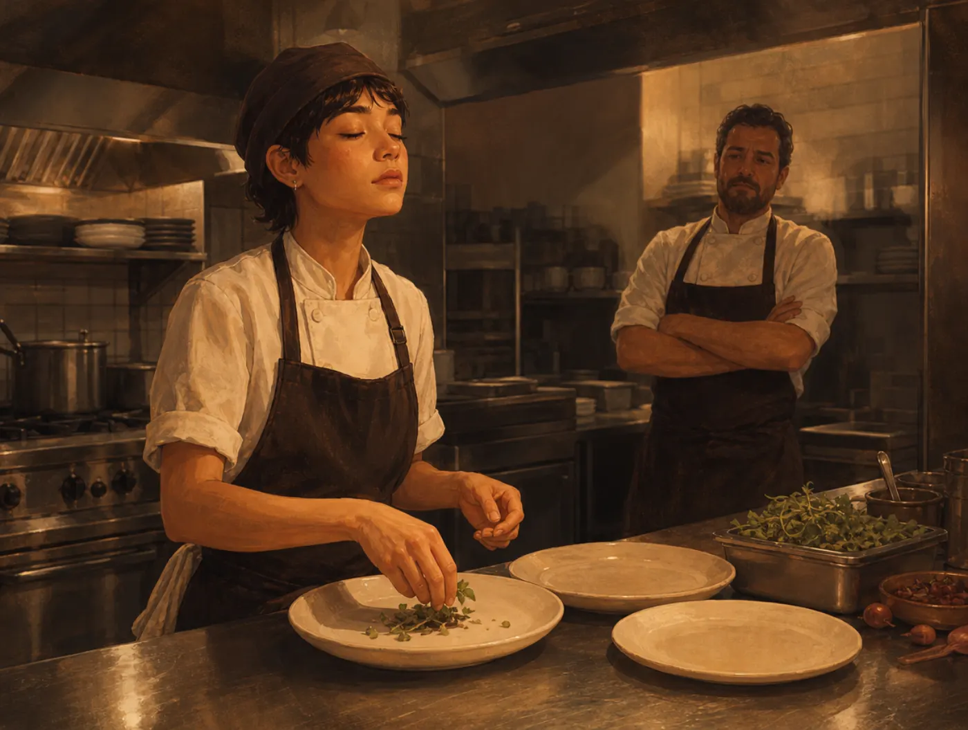Testing effect: a cook with eyes closed plates a dish from memory while the head chef watches silently with arms crossed.