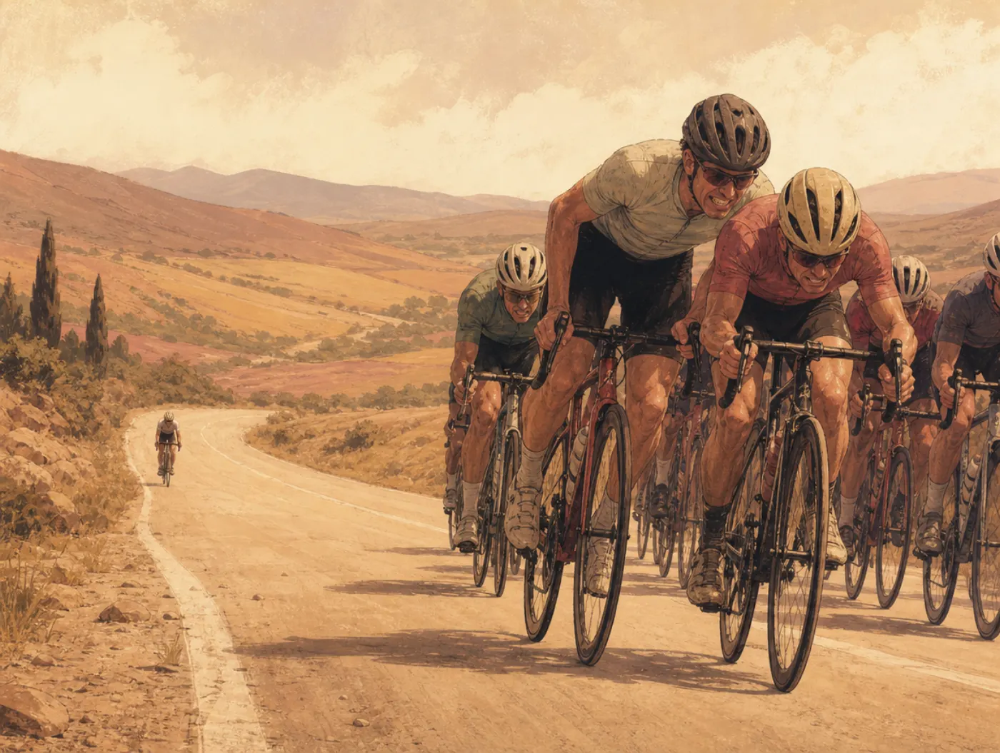 Time-saving bias: a cyclist strains to pass a rival in a tight lead pack while a lone rider trails calmly across a wide gap behind.
