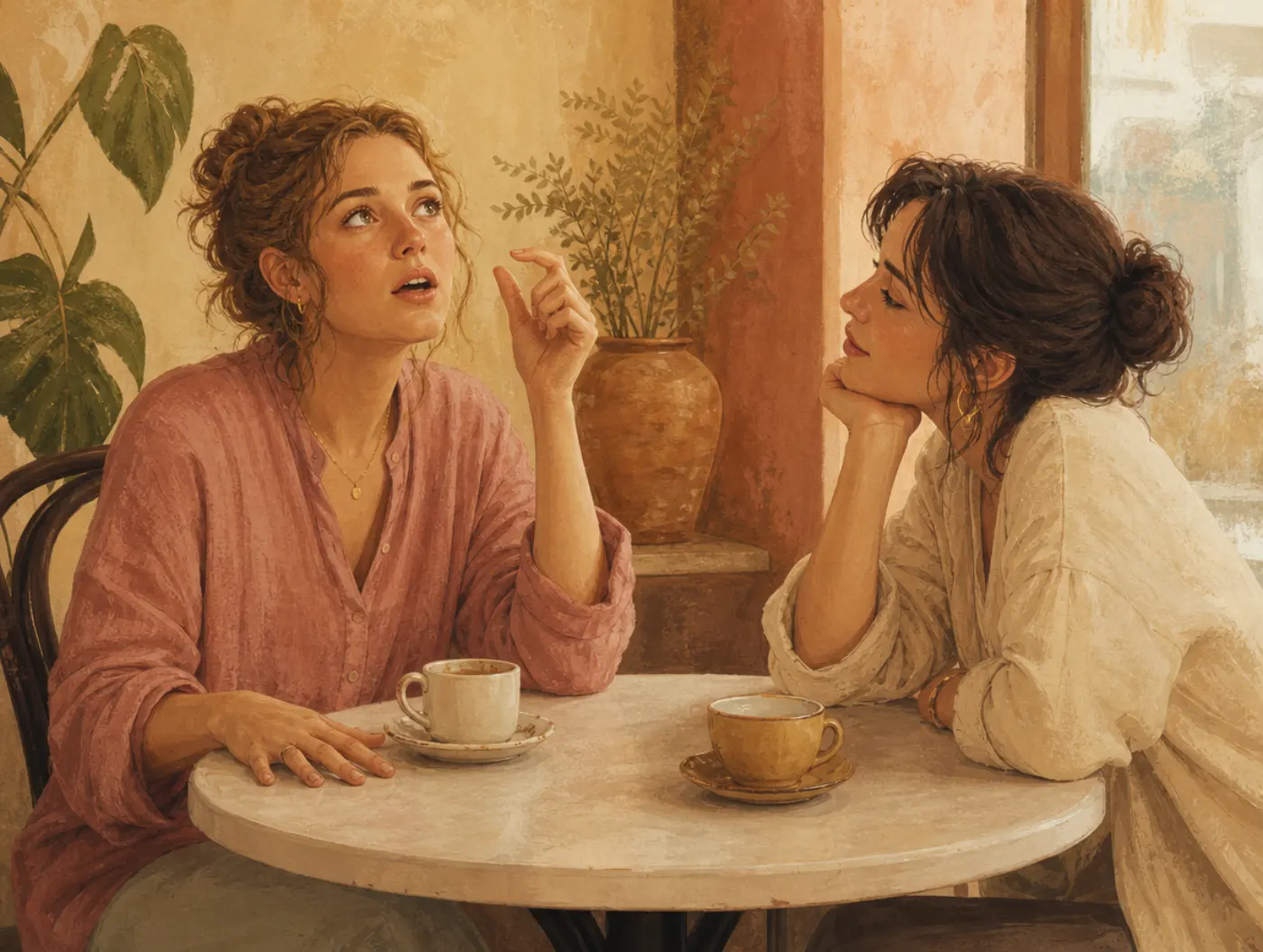 Tip-of-the-tongue phenomenon: a woman mid-sentence pinches the air beside her head, straining to grasp a word she almost has.