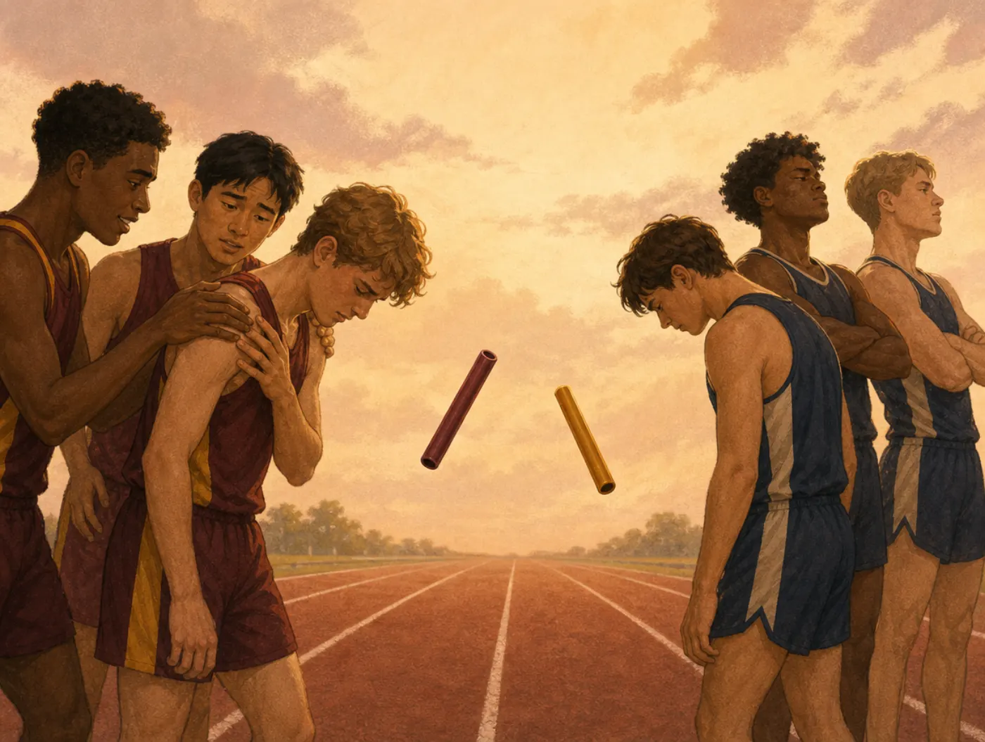 Ultimate attribution error: teammates comfort a runner who drops a baton while a rival runner's identical drop meets folded arms.