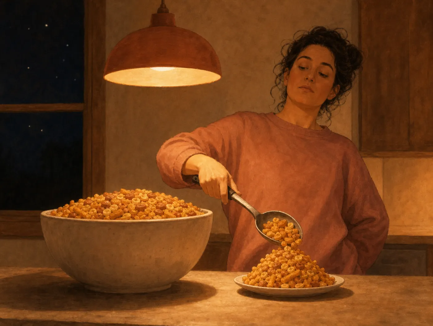 Unit bias: a person piles an overfull plate using an oversized serving spoon, without hunger in their expression.