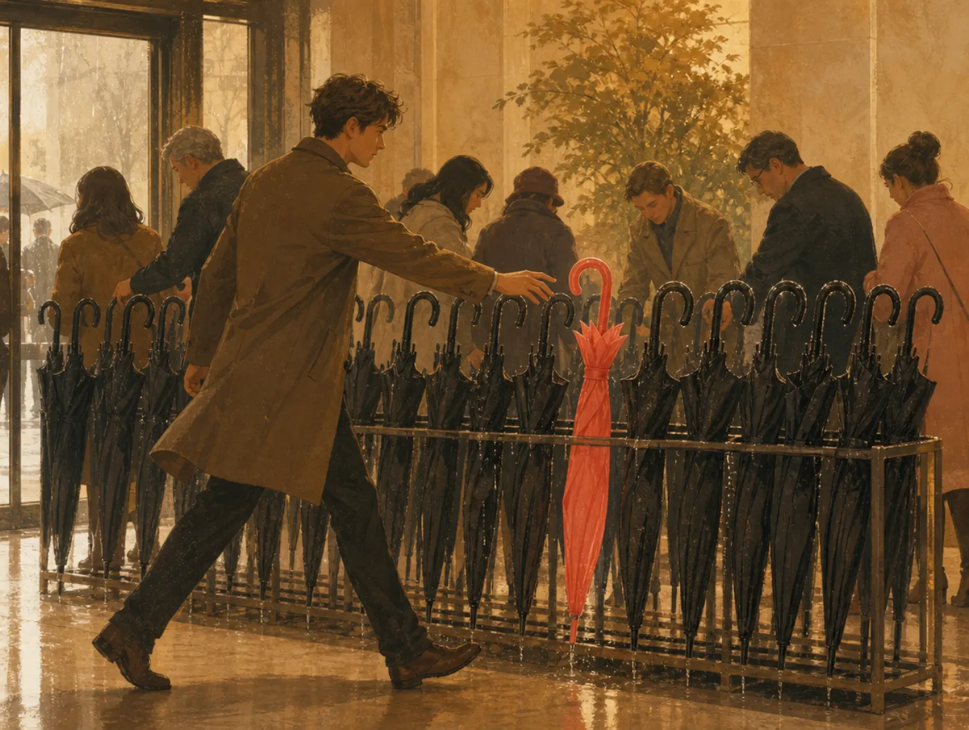 Von Restorff effect: a hand reaches for the one oddly shaped umbrella in a row of identical black umbrellas.