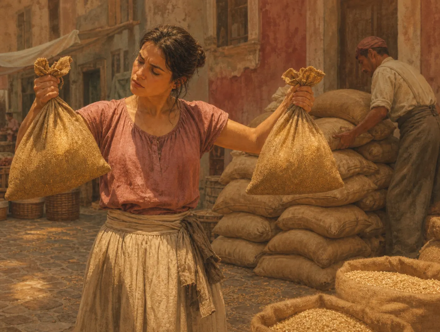 Weber-Fechner law: a woman at a market hefts two grain sacks, judging their weight difference by feel.