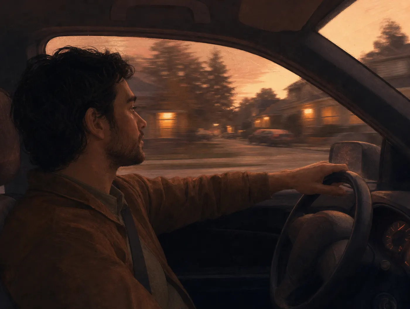 Well-Traveled Road Effect: a relaxed driver glides through a blurred, familiar street at dusk.