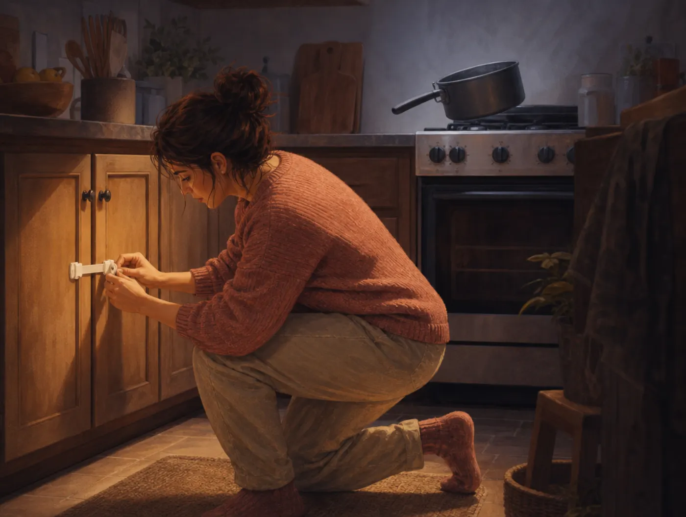 Zero-risk bias: a person latches one low cabinet shut while a pot overhangs the stove behind them, unwatched.