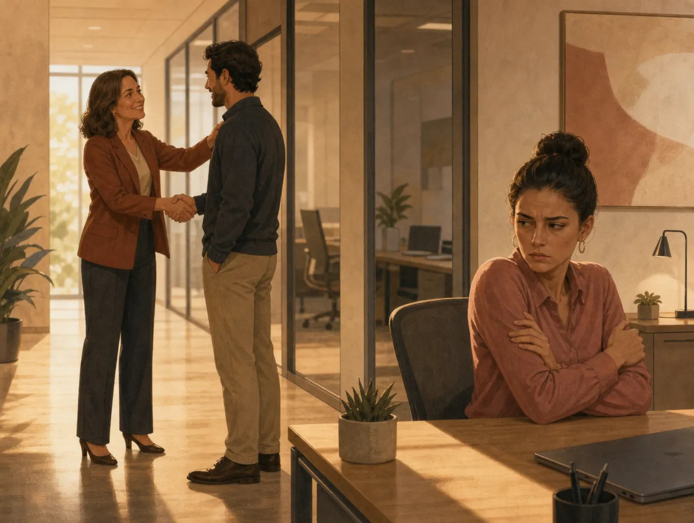 Zero-sum bias shows a coworker tensing and crossing her arms as she watches a colleague get congratulated nearby.