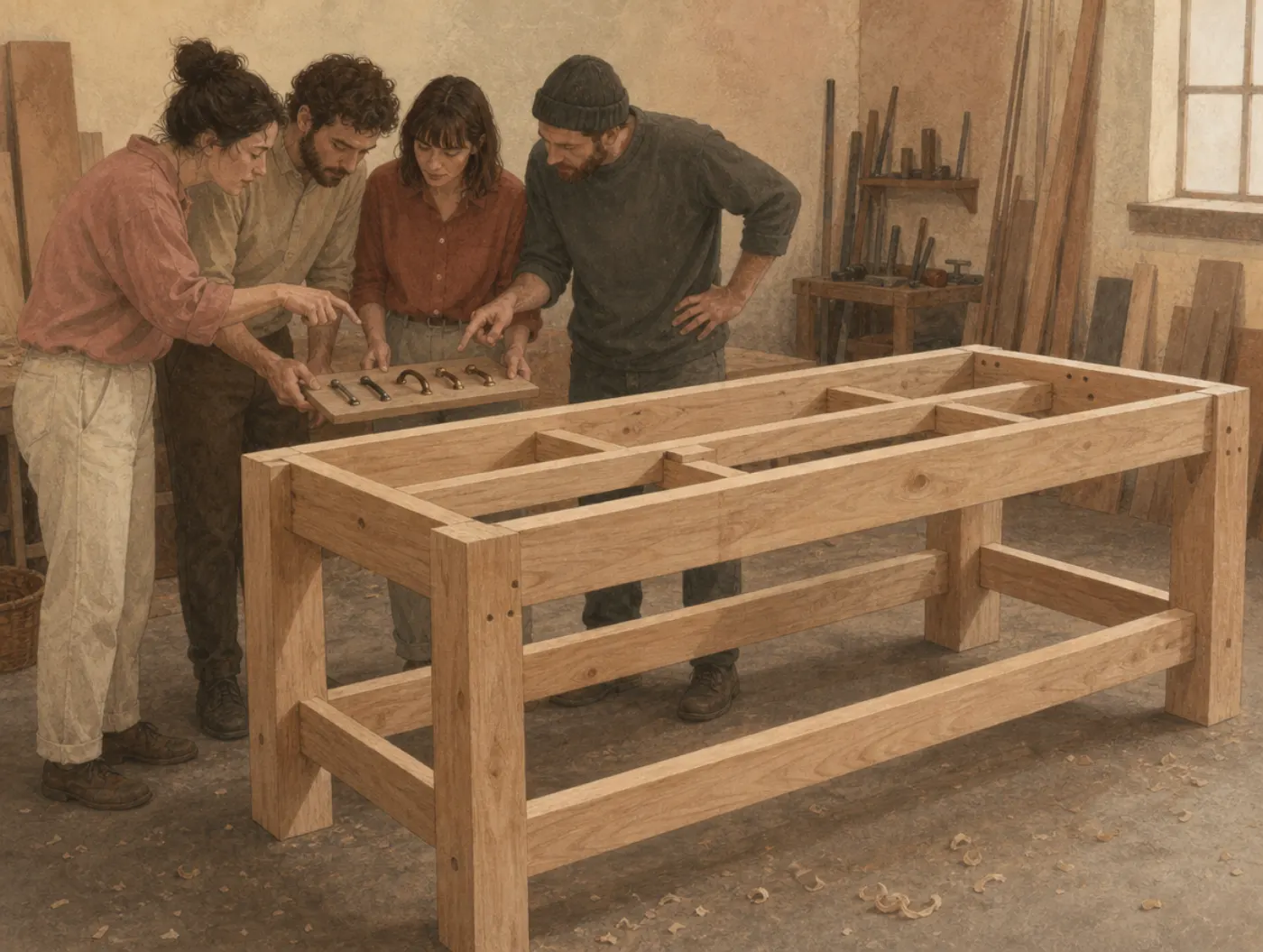 Four woodworkers crowd over a small board of drawer handles, all pointing, while the large unfinished workbench frame stands untouched.