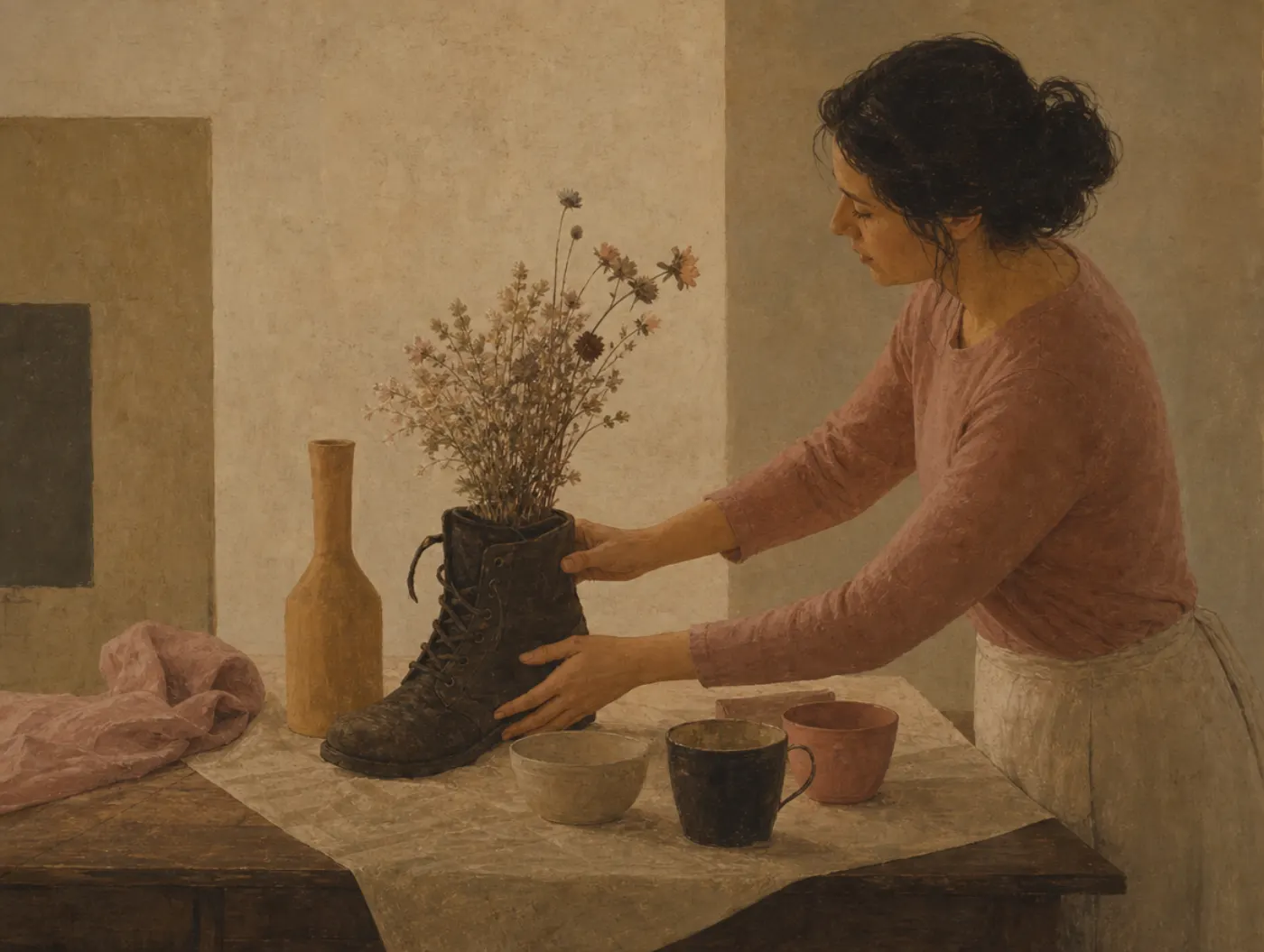 A woman carefully positions an old boot filled with dried flowers on a table set with three plain cups and a bottle that she pays no attention to.