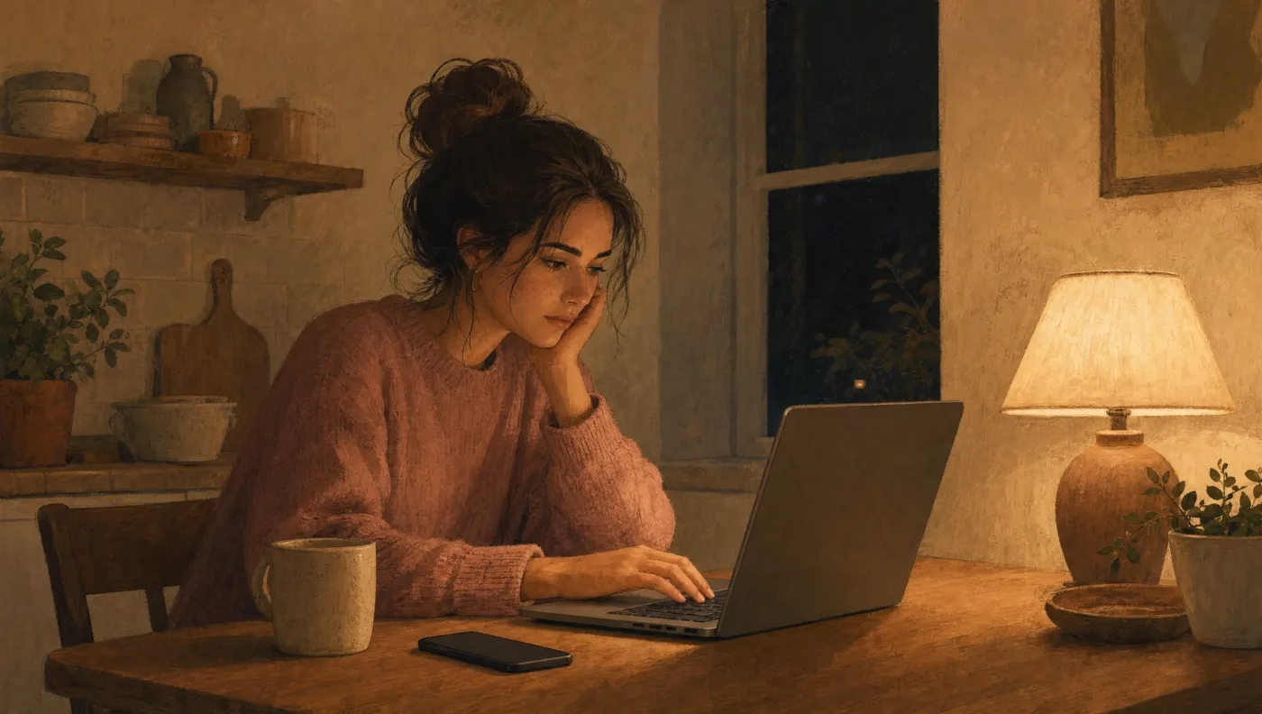 Illustration of a person typing on a laptop at a kitchen table late at night under a single lamp