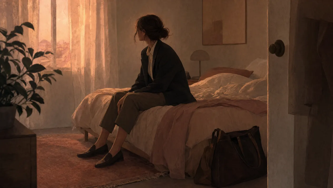 Illustration of a person sitting on the edge of a bed at dusk, work bag dropped by the door