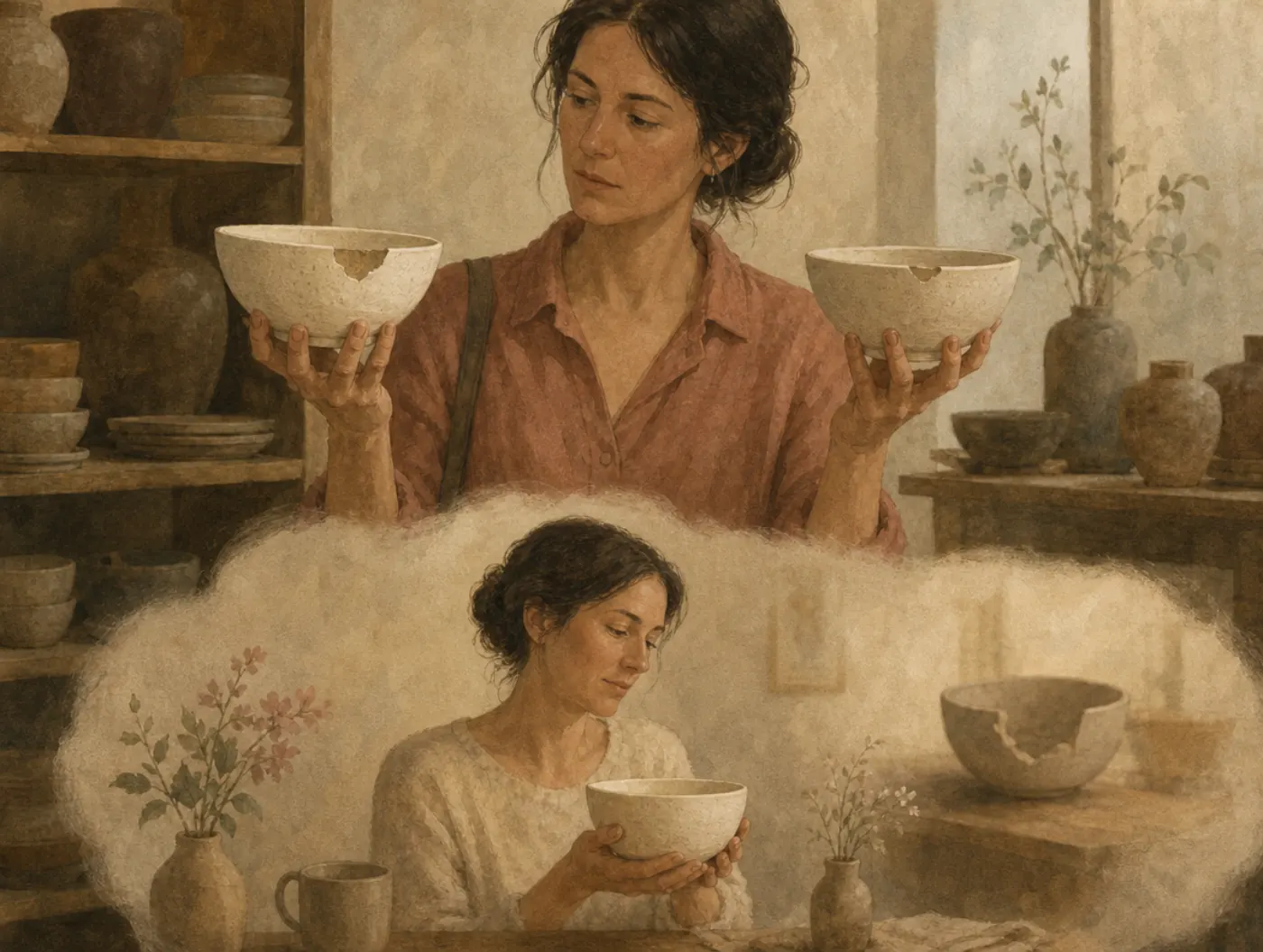 Choice-supportive bias: the chosen bowl improves in memory Two panels: a woman compares two chipped bowls; in a soft-edged memory below, her chosen bowl is flawless and the rejected one badly cracked.