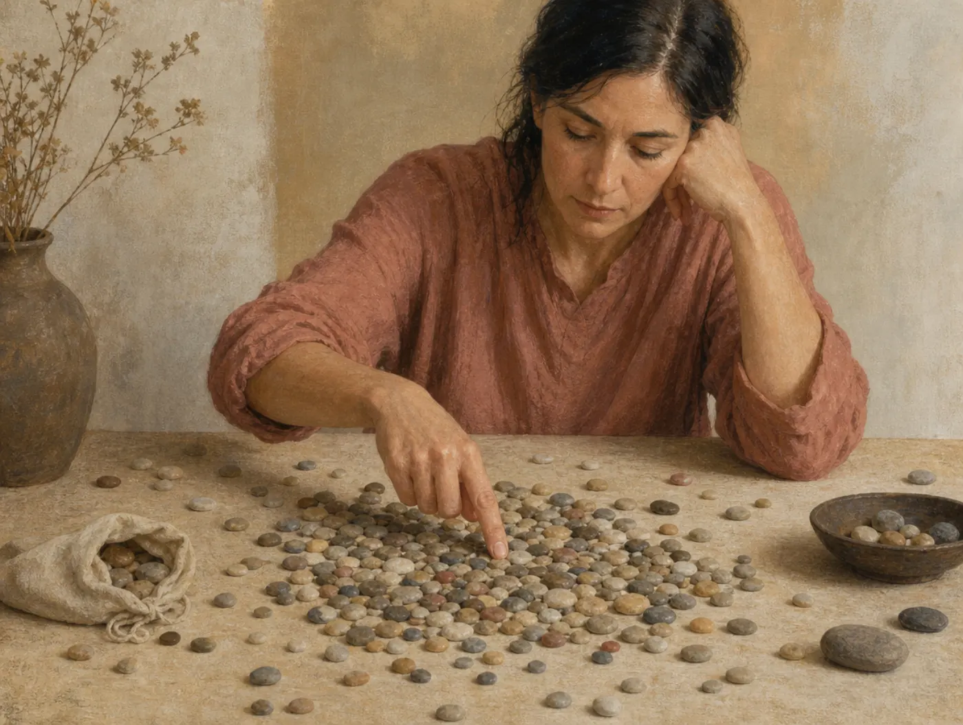 Clustering illusion: a route traced through a random spill A woman traces a route with her fingertip through a dense clump of spilled pebbles, ignoring the loose pebbles scattered all around it.
