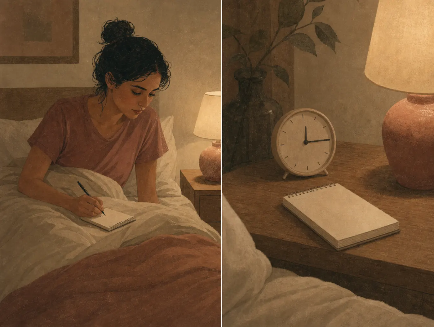 Can't Sleep Because of Anxiety? What Helps Tonight: person sitting up in bed at night jotting a worry note beside a beds