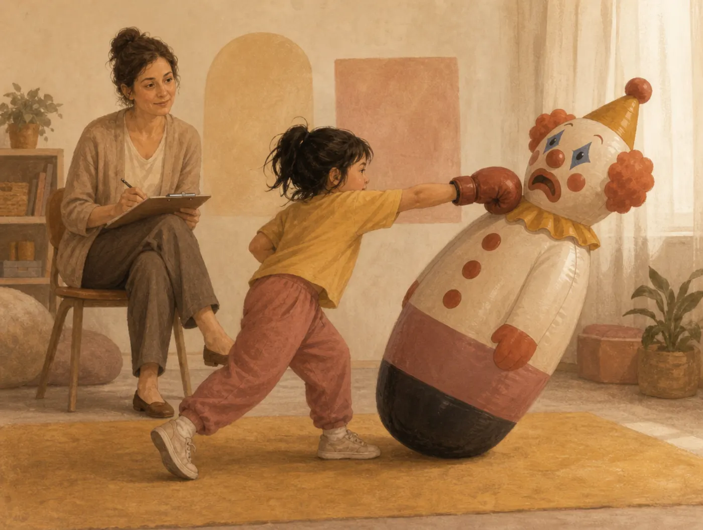 Bandura's Bobo Doll Experiment: a child punching an inflatable clown doll as a researcher observes