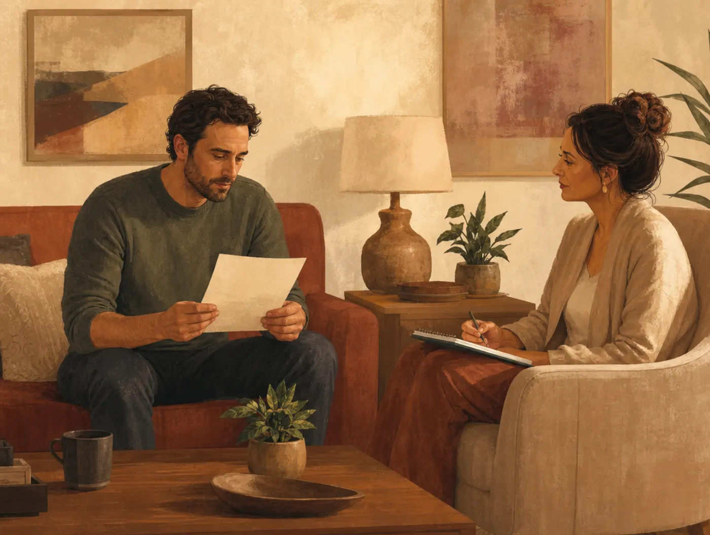 Do Narcissists Ever Change? What Research Can and Cannot Tell Us: a man rereads a written apology in therapy