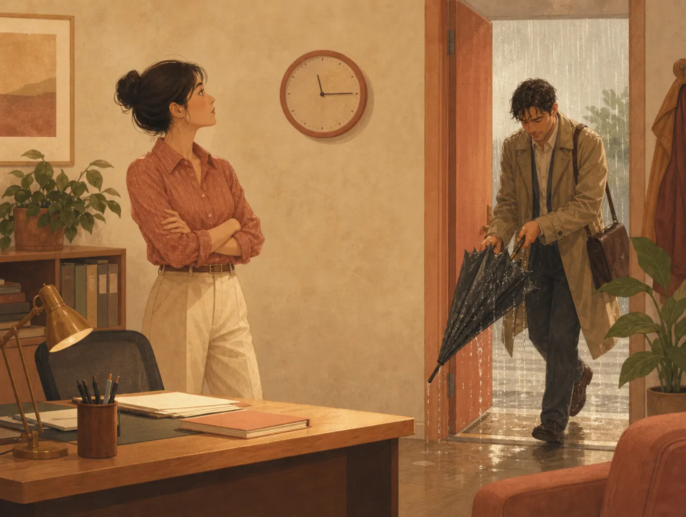 The Fundamental Attribution Error: a coworker crosses arms at an empty desk eyeing a clock as a rain-soaked colleague ru