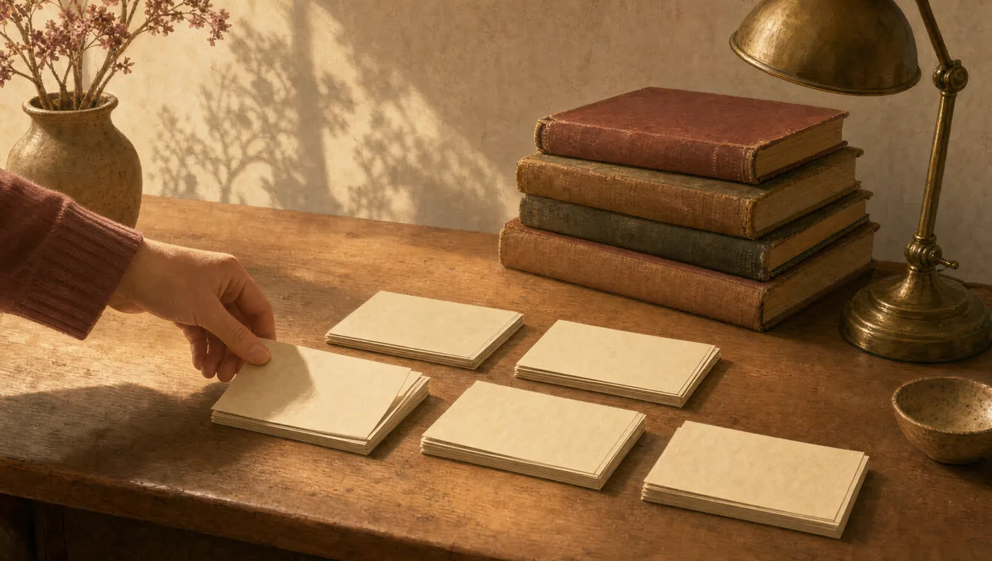 Illustration of a hand sorting blank index cards into groups on a wooden desk beside a stack of old books