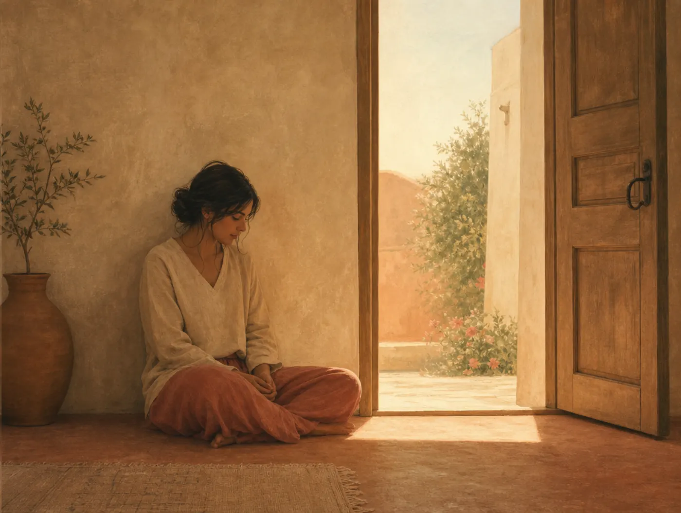 Learned Helplessness: a person sitting on the floor next to a wide-open door, making no move toward the exit