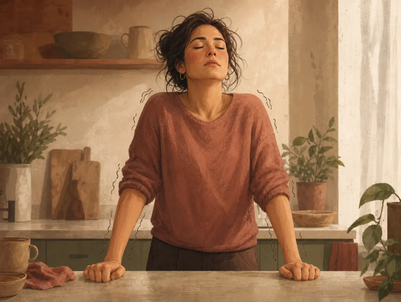 Shaking From Anxiety: Why It Happens and What Helps in the Moment: a person gripping a kitchen counter with trembling ha