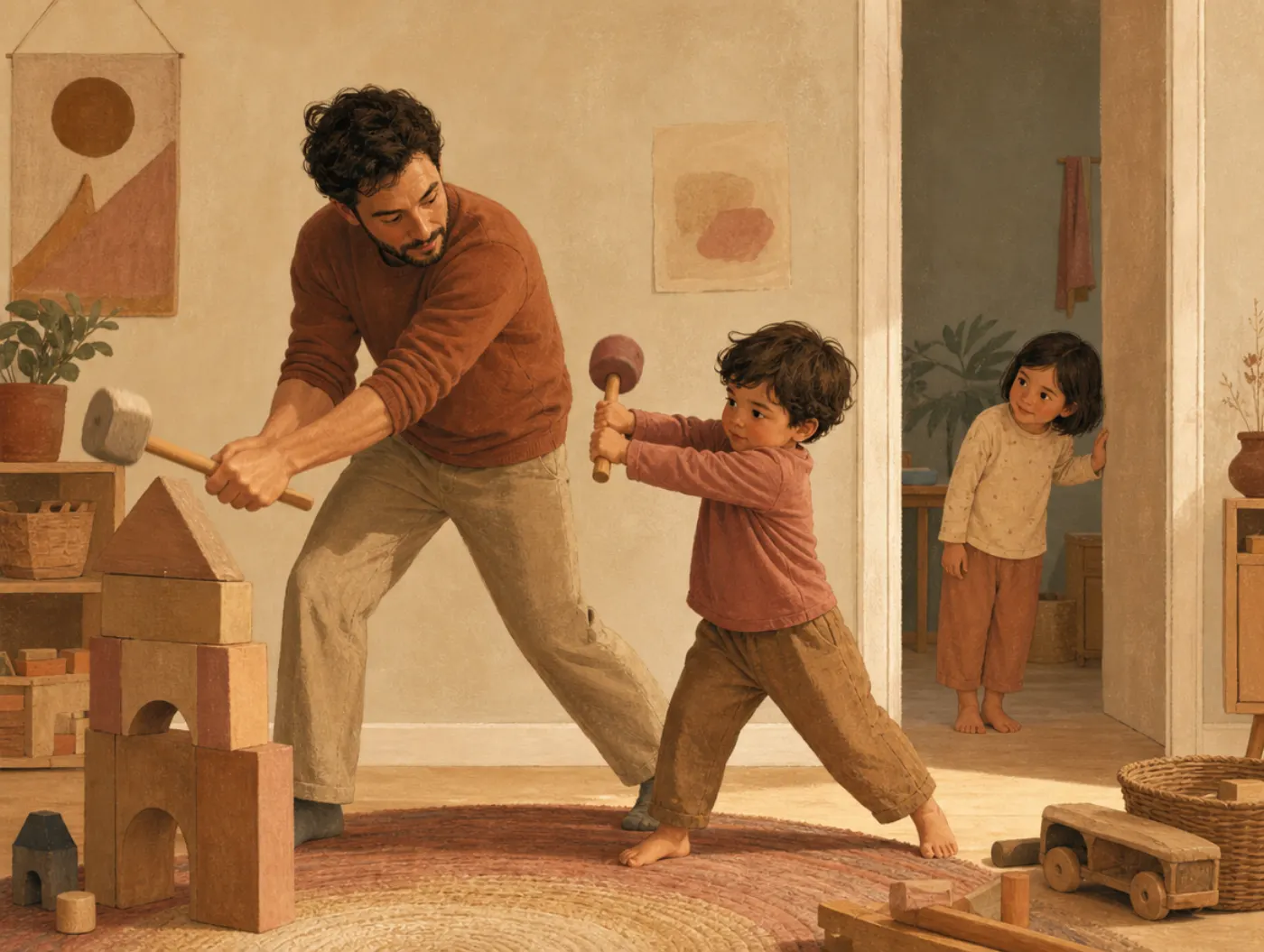 Social Learning Theory: a child imitating an adult's exact gesture with a toy mallet as another child watches from the d