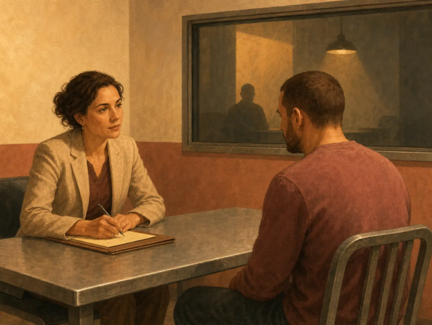 Sociopath vs Psychopath: What's the Difference?: forensic interview across a table, one-way mirror on the wall