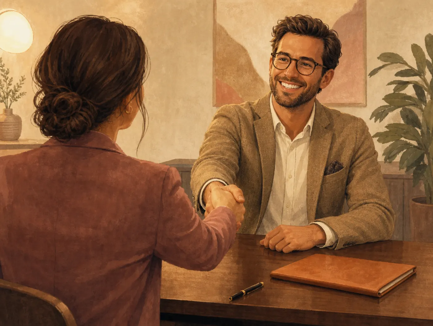 The Halo Effect: an interviewer beaming at a candidate's handshake, resume unopened on the desk
