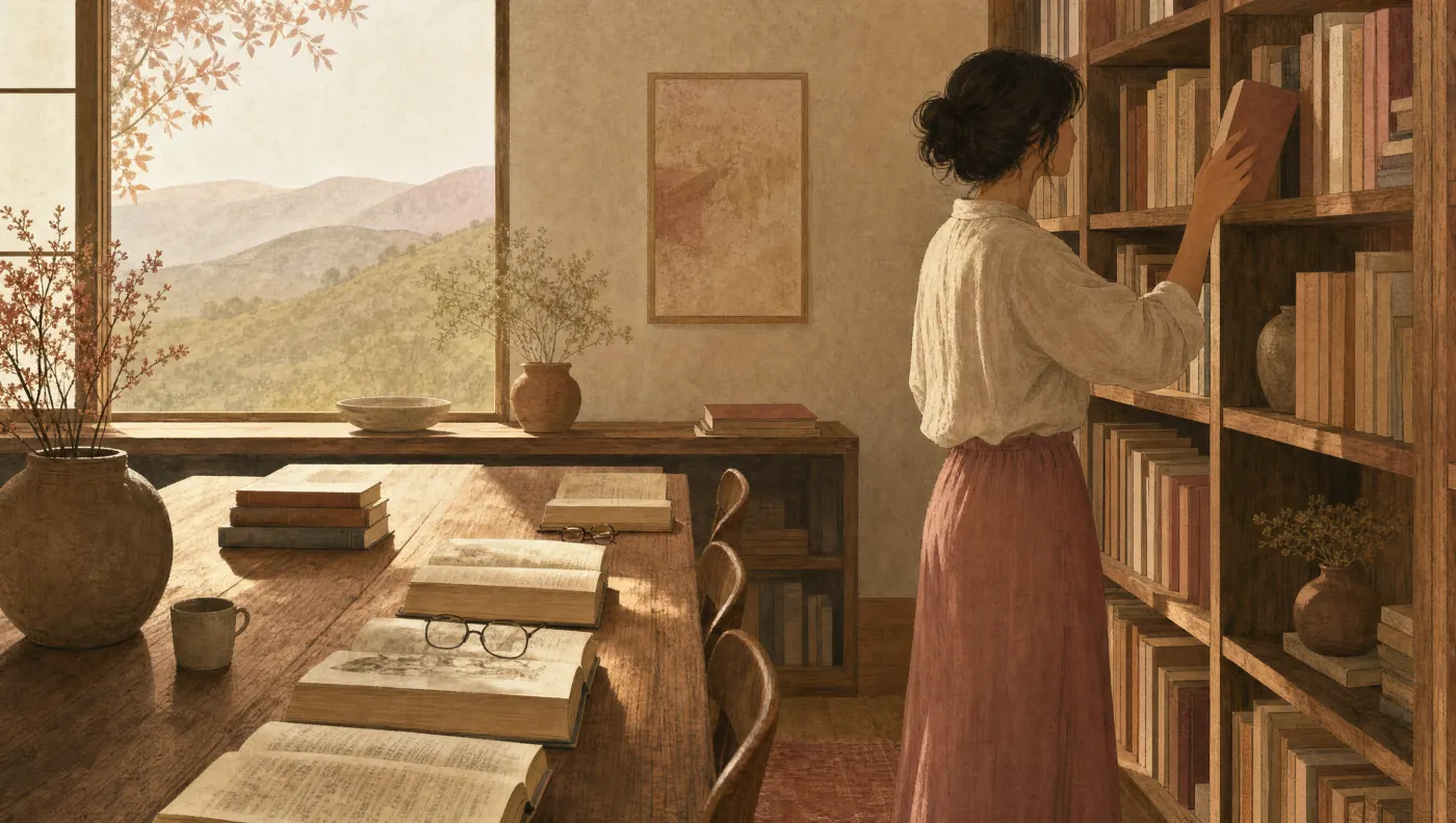 Illustration of a quiet reading room with open reference books on a long table and a person choosing a book from the shelf