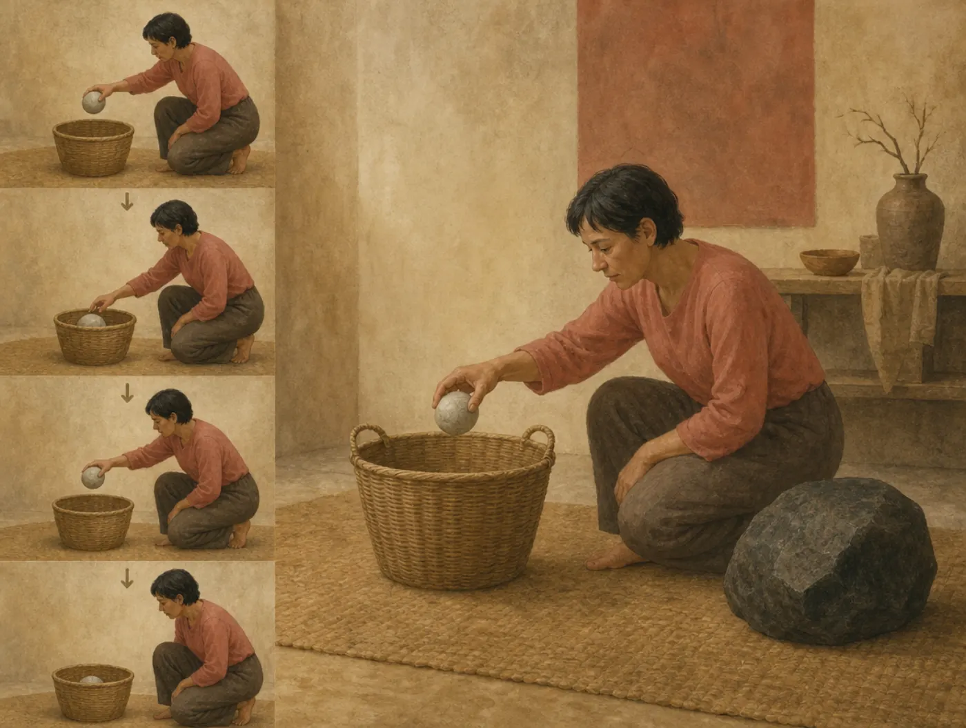 Congruence bias: the same gentle test, run again and again A woman tests a basket by lowering the same light ball into it, repeated in four small frames, while a heavy boulder sits untried beside her.