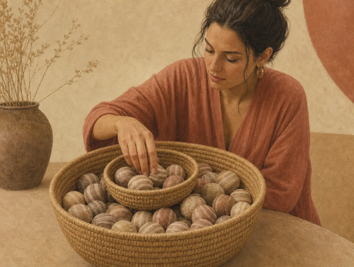 A woman reaches into a small basket of striped balls that sits inside a much larger basket holding those same striped balls and many others.