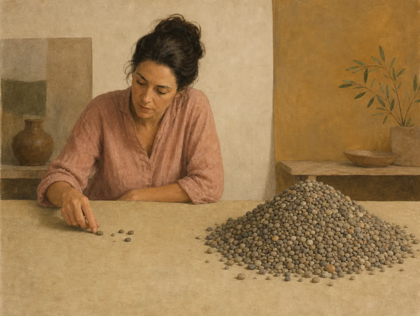 A woman slides a few pebbles toward a tiny cluster with one fingertip while a large fresh mound of pebbles sits poured out on the table beside her.