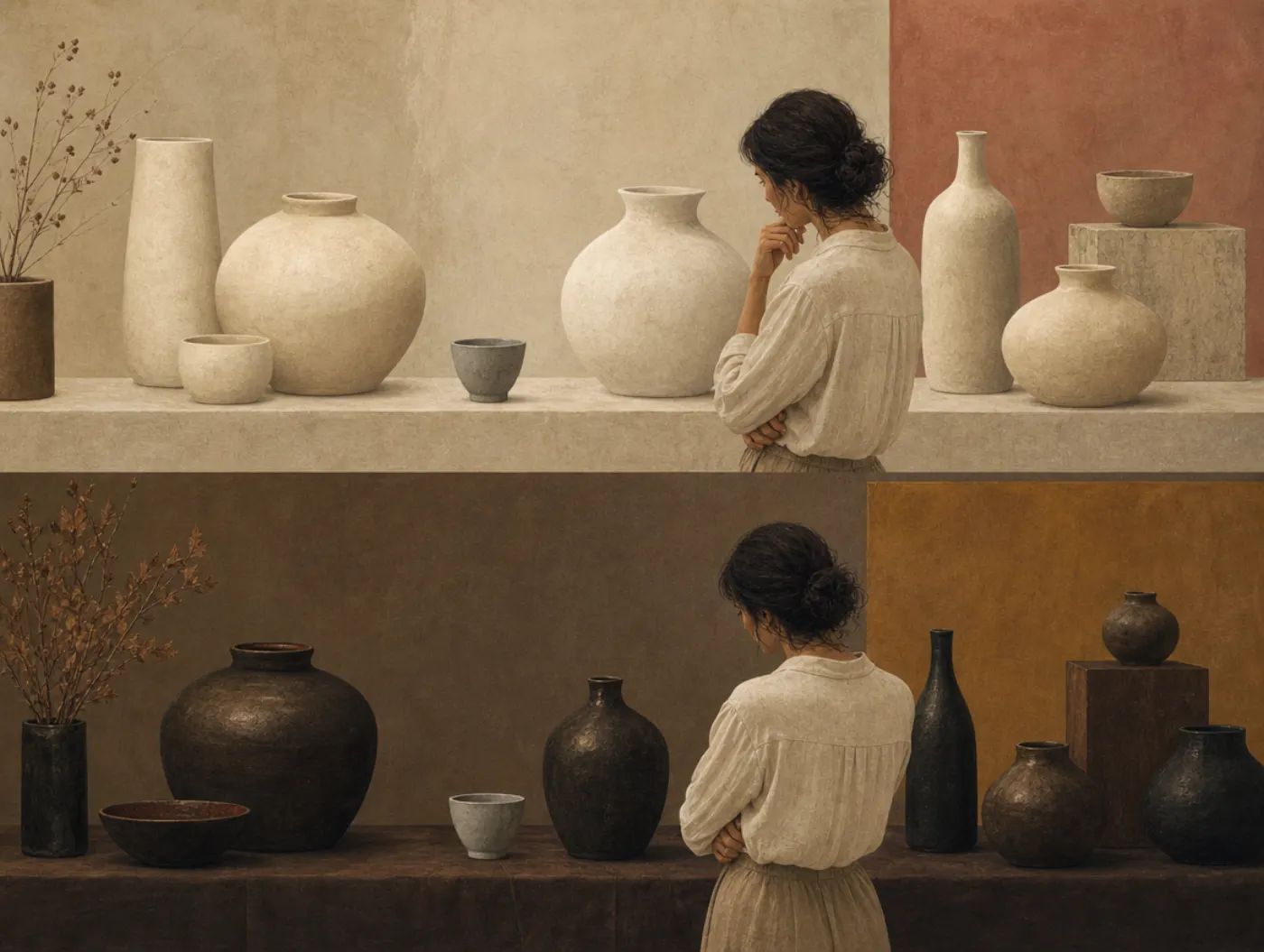 Context effect: one gray cup, read two ways by its neighbors Two still lifes: the same small gray cup among pale vessels above and dark vessels below, reading darker in one and lighter in the other.