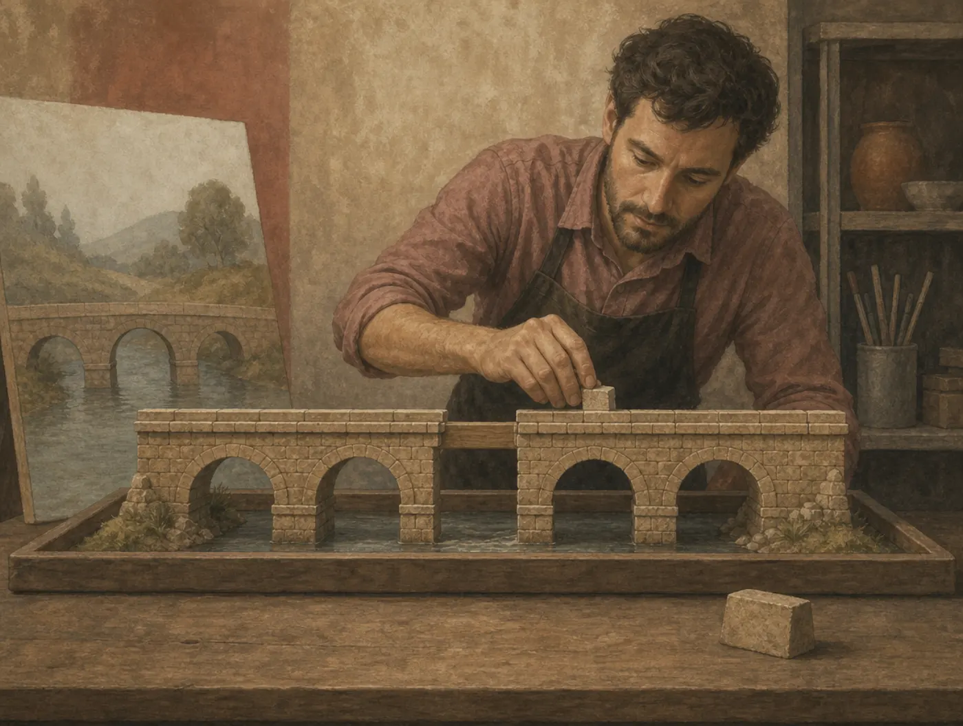 A model maker adds blocks to a miniature stone bridge beside the gap where a faulty block was removed, that discarded block lying openly on the table.