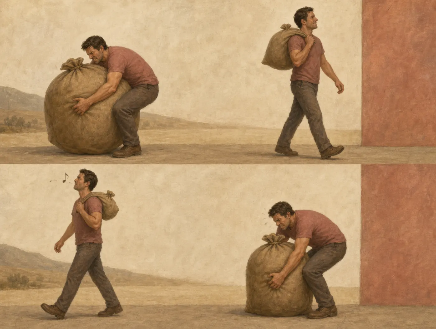Two panels: after a huge sack, a man carries a medium sack with ease; after a tiny sack, the same medium sack makes him bend and sweat.