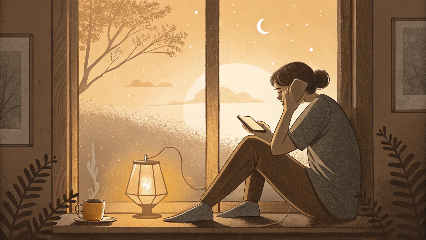 Illustration of a person reaching out for crisis counseling support by phone late at night