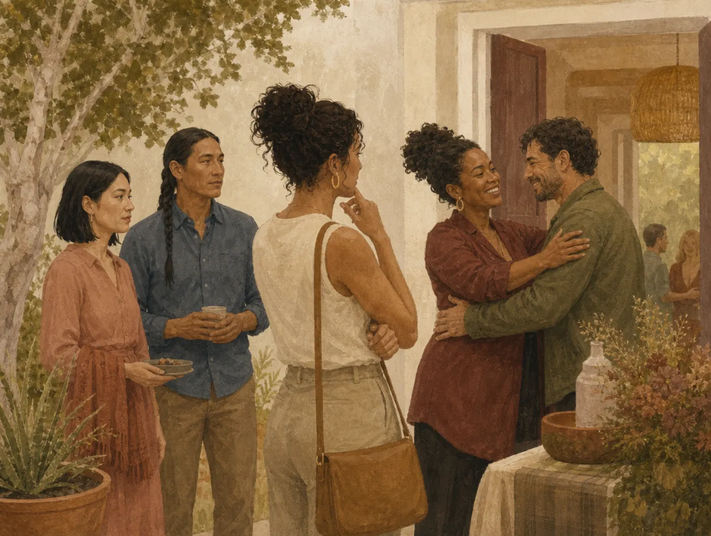 At a party door a guest hesitates, hand to chin, between two arrivals she cannot place, while beside her a host instantly embraces a familiar friend.