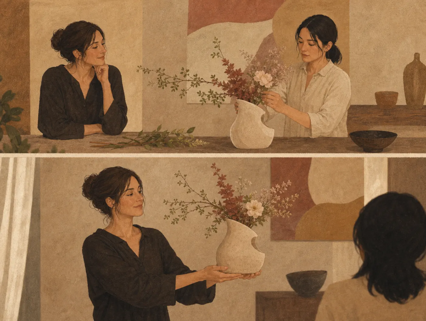 Two panels: a woman watches her friend build a lopsided flower arrangement; later she presents the same arrangement to a visitor as her own idea.