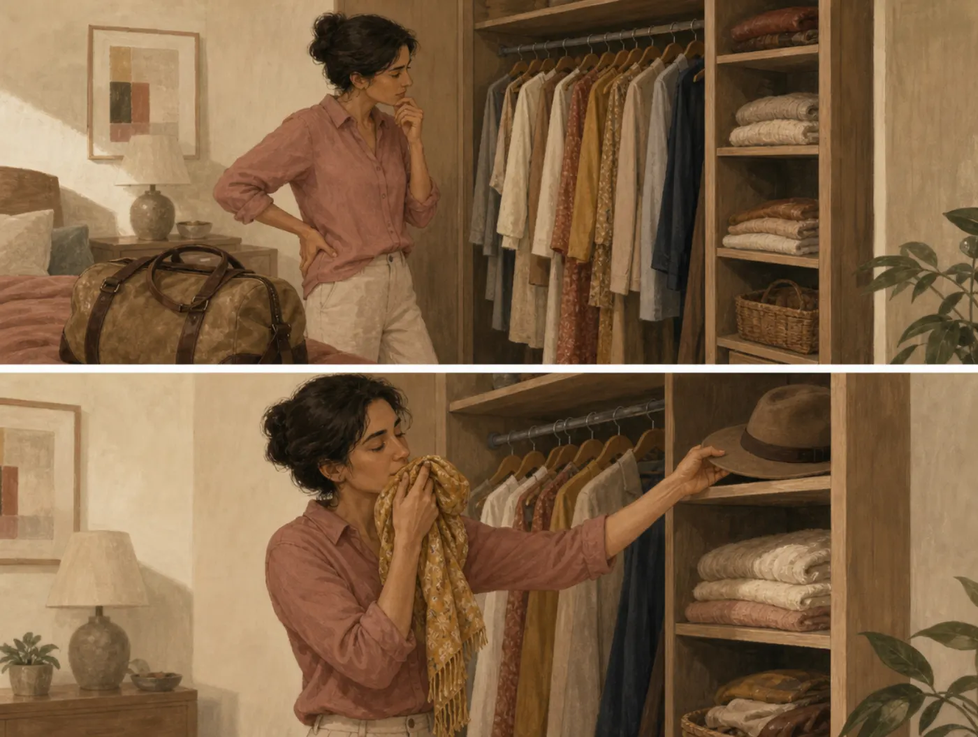Two panels: a woman stands baffled at an open wardrobe with a packed bag; below, smelling a familiar scarf, she reaches straight for a hat.